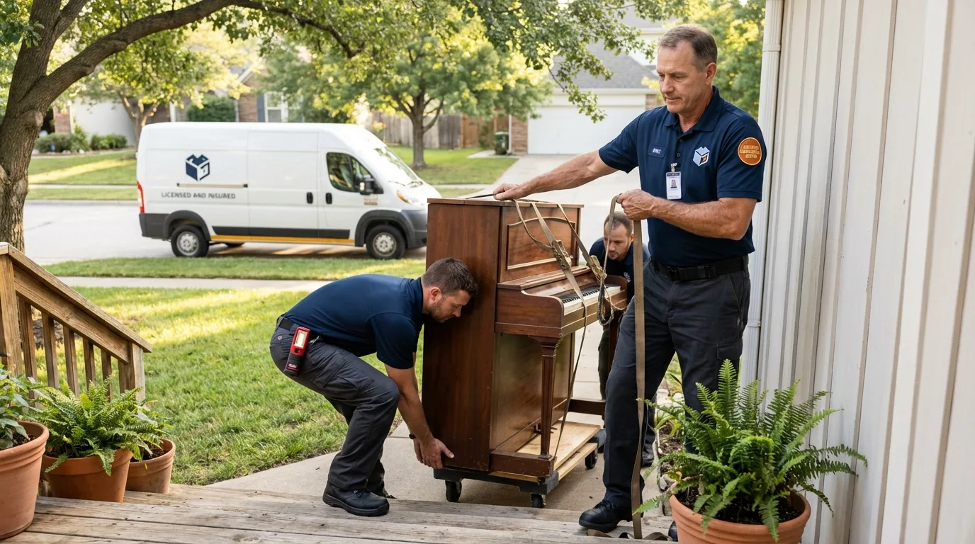 Licensed piano movers securing grand piano in Havana, IL