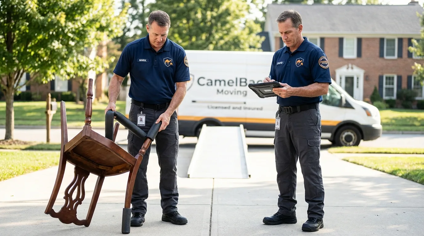 Movers inspecting furniture for damage prevention before loading in Havana, IL