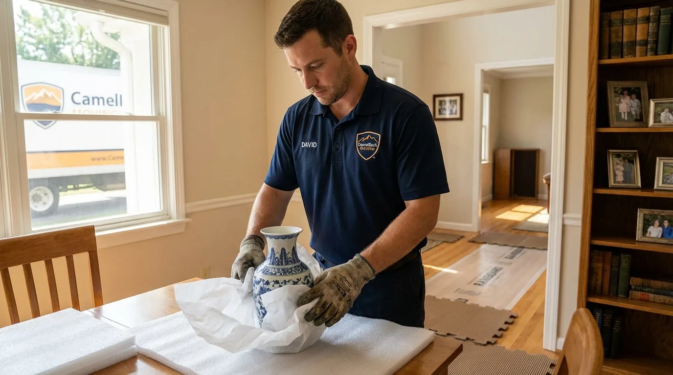 Professional crew carefully wrapping antique vase for senior downsizing move in Havana, IL