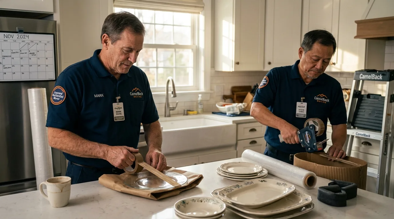 Professional crew packing kitchen dishware in Havana, IL